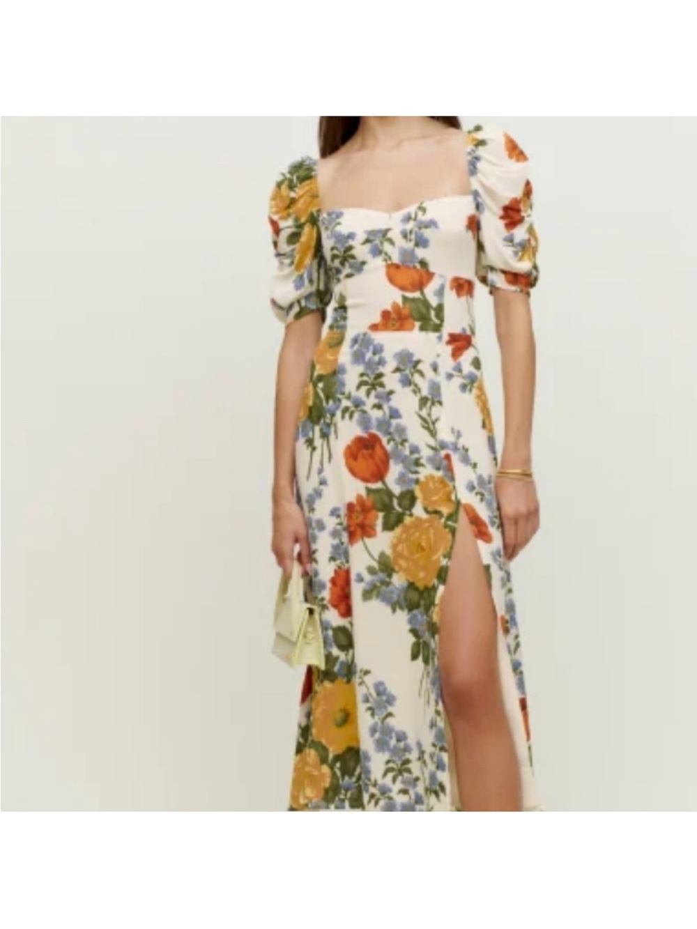 Reformation Cream Floral Square-Neck Puff Sleeve Midi Dress